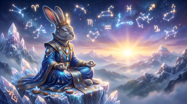 Anthropomorphic rabbit meditating on crystalline mountain peak under cosmic zodiac constellations and starry night sky