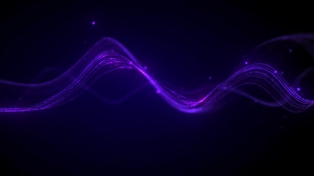 Purple wave strands twist with glowing bokeh particles. Violet neon filaments flow through deep dark background, cybersecurity data loop.