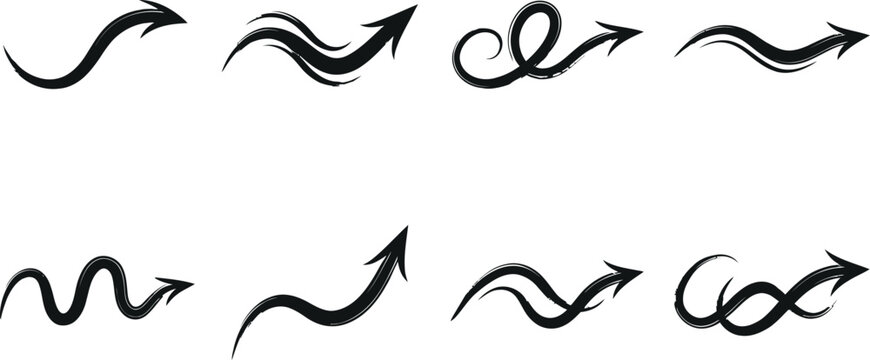 Set of grunge textured hand drawn wavy arrows with handdrawn elements direction illustration pointing navigation abstract movement