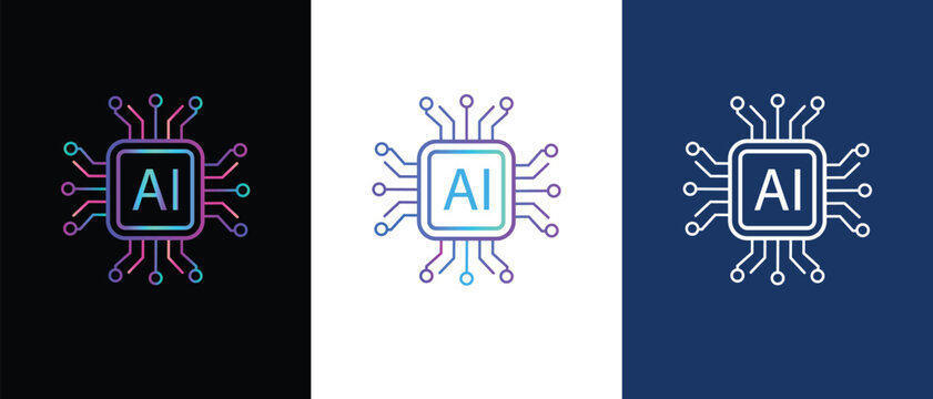 Modern Artificial Intelligence Vector Set. AI Processor Chip Icon with Circuit Network . Motherboard digital chip AI. Machine learning design . AI processor vector icon flat design.