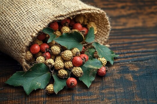 cozy rustic spill of red and gold berries with green leaves from a burlap sack on a dark wooden table