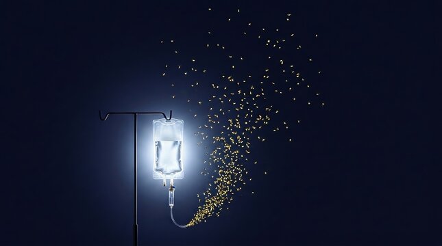 Chemotherapy, cancer treatment, hope concept with IV drip and glowing fireflies in dark medical scene.