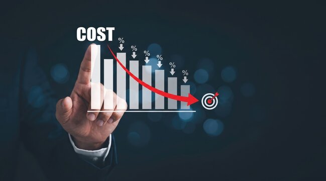 Business finance concept, cost reduction, target goal, infographic graph, economic growth