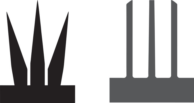 Black and grey spike icons with sharp and blunt prongs on rectangular bases for security barrier or industrial hardware design vector