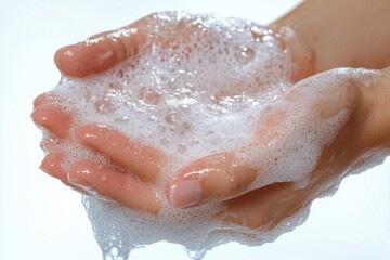 Fototapeta premium Cupped hands holding soap suds and water with bubbles on a bright white background, conveying cleanliness, freshness and gentle care