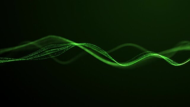 Green wave strands twist with glowing eco data particles. Neon laser filaments flow, cybernetics energy background loop. Green wave lines. Eco energy flow, glowing laser filaments. Neon data wave
