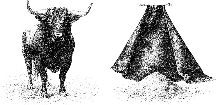Bull facing matador cape on arena sand black and white stippling drawing for poster background and vintage editorial design