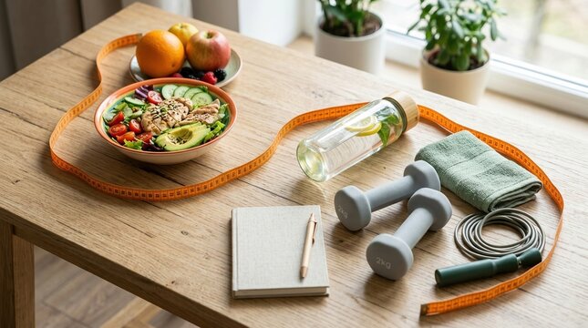 Balanced weight loss journey, healthy lifestyle, fitness nutrition concept with meal, tape and exercise tools.