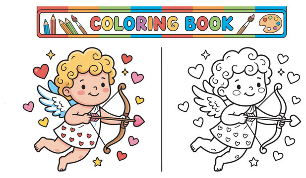 Cupid Coloring Book Page with Bow and Arrow and Hearts