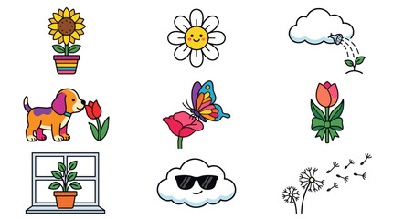 Fototapeta premium Nature elements and friendly garden character icon set.