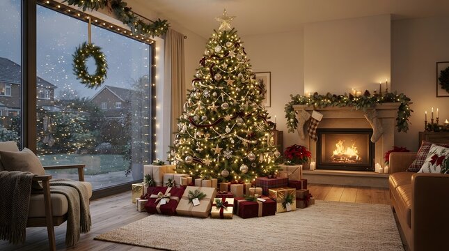 Christmas tree with presents in living room