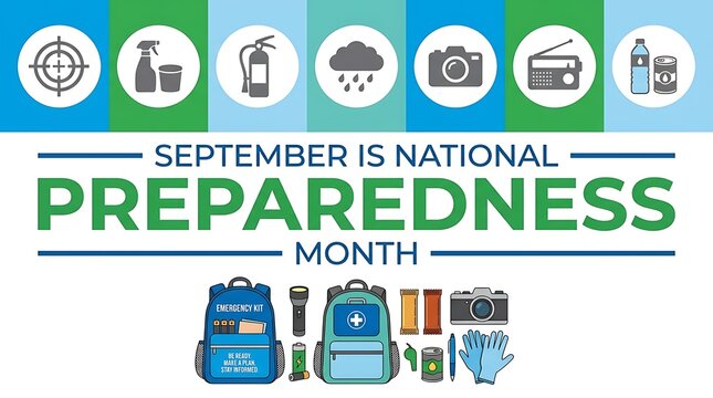 National Preparedness Month banner with emergency icons. September readiness campaign featuring disaster supplies and safety symbols. Essential pub...