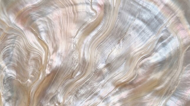 Iridescent macro texture of a mother of pearl shell with organic wavy ripples, suitable as a high-quality background for luxury branding and design.