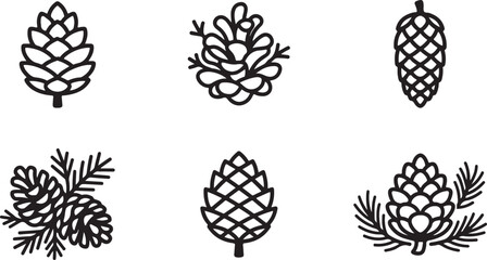 Fototapeta premium Black and white pine cone and needle illustrations set Vector