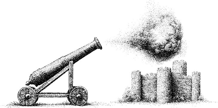 Medieval siege catapult firing a flaming projectile at a castle wall for historic poster background and educational warfare display