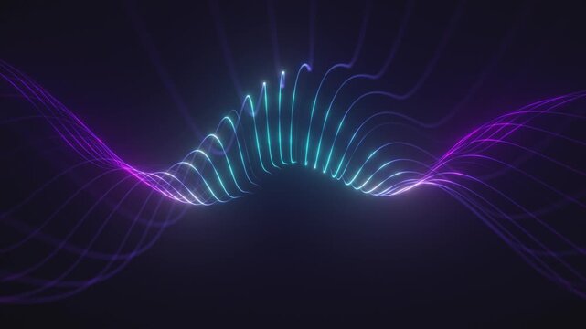Electric laser wave lines swirl into cyan spiral coils dipping into a glowing valley, framed by purple and magenta light arcs. Futuristic space energy, 4k seamless loop.