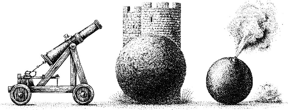 Siege engine and cannonball beside a castle tower with a smoking fuse for historical poster background and military study diagram