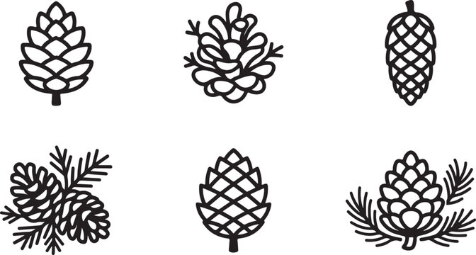 Black and white pine cone and needle illustrations set Vector