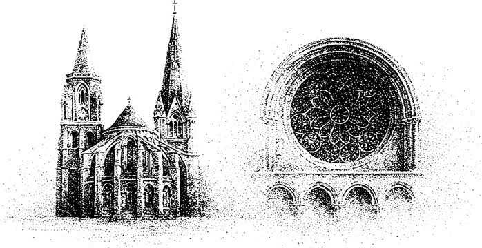 Gothic cathedral exterior with rose window and flying buttress for architectural background and historic design use