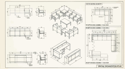 Fototapeta premium Architectural technical drawing of office reception furniture layouts and dimensions