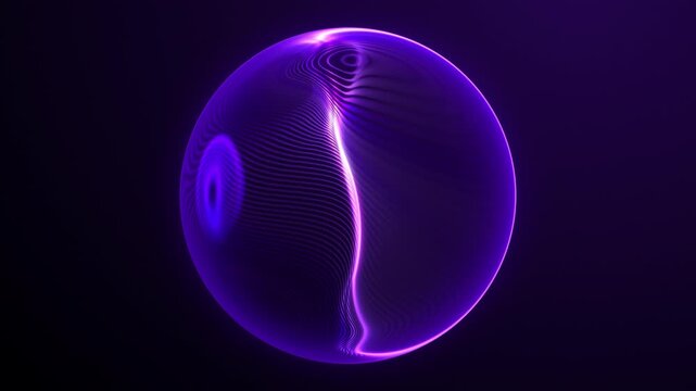 Purple neon ripple sphere with concentric contour lines and glowing pink edge on dark violet background. Futuristic vibrating orb, 4k seamless loop, sci-fi tech visual.