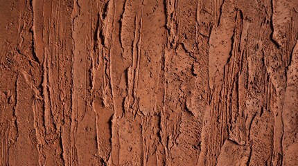 Fototapeta premium Textured reddish-brown clay plaster with vertical trowel marks and rough surface, perfect for rustic interior backgrounds or organic graphic design overlays.