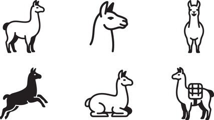 Six different llama and alpaca vector icons in simple line art style Vector © Sazid