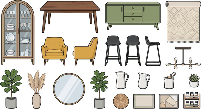 Modern Home Furniture and Interior Decor Collection with Cabinet, Dining Table, Armchair, Bar Stools, Mirror, Plants, Lighting, and Decorative Accessories