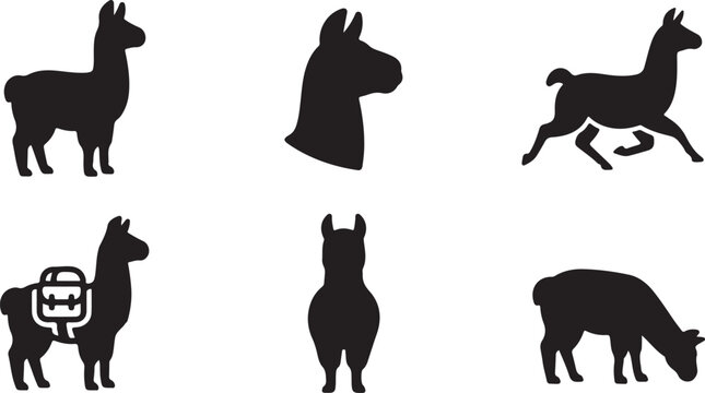 Black silhouette llamas and alpacas in various poses Vector