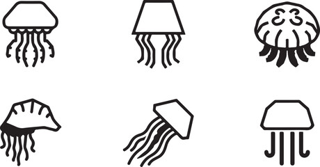 Set of six different cartoon jellyfish icons in black and white style Vector © Sazid