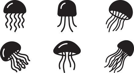 Black jellyfish icons with different tentacle styles in a row Vector © Sazid
