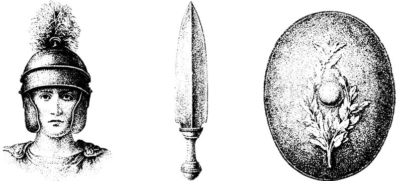 Set of black and white stipple engravings of roman centurion helmet gladius and laurel shield for historical design and educational poster background