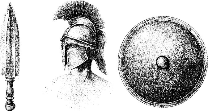Black and white stippled roman centurion bust with gladius and round shield for historical design elements and costume reference