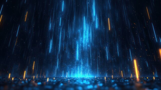 Futuristic blue and orange neon light rain over a reflective surface, cascading digital particles evoking wonder and energy