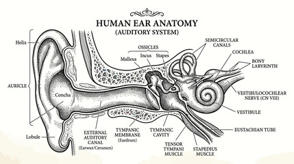Human Ear Anatomy Diagram: Auditory System Cross-Section © mus