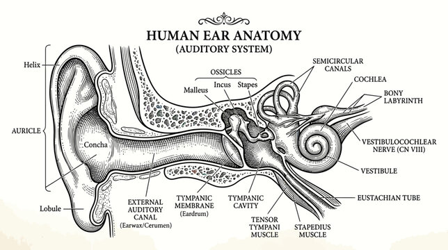 Human Ear Anatomy Diagram: Auditory System Cross-Section