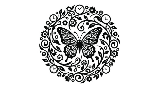 Intricate butterfly design with floral and clockwork elements, symbolizing time and nature's beauty.