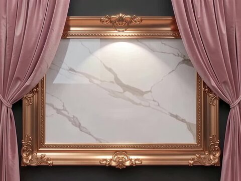 Elegant ornate gold frame with white marble texture insert and pink velvet curtains on dark wall background
