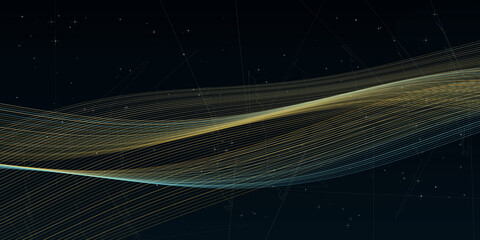 Cosmic space background featuring elegant golden and cyan glowing wave lines moving across dark starry night sky nebula pattern. © ebrahim islam