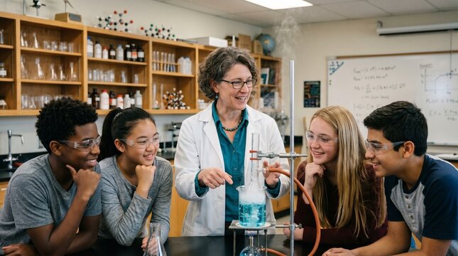 Students actively engaged in a stimulating science experiment under the guidance of an enthusiastic teacher