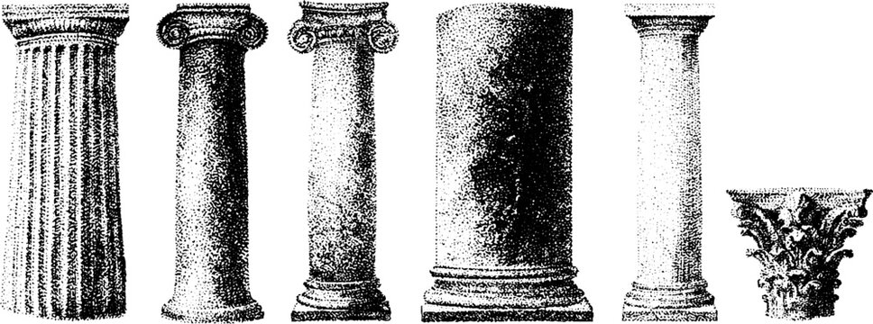 Collection of classical architectural column shafts capitals and bases traced elements for design reference and background