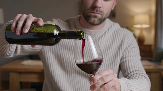 Man pouring red wine into a glass at home table  