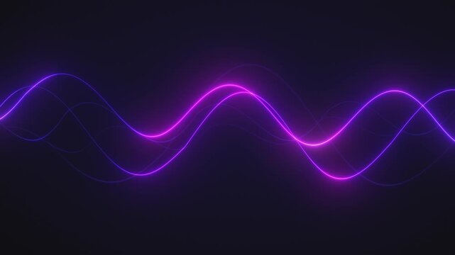 LED glow line. Blue and magenta neon wave curves shift color into vibrant sound waveform, changing color spectrum on dark background loop.