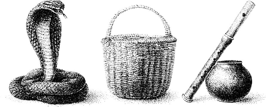 Cobra beside woven basket and wooden flute in stippled black and white engraving for ethnographic study and decorative composition reference