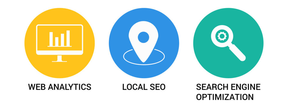 Set of three bright icons showing web data, local search, and SEO tools