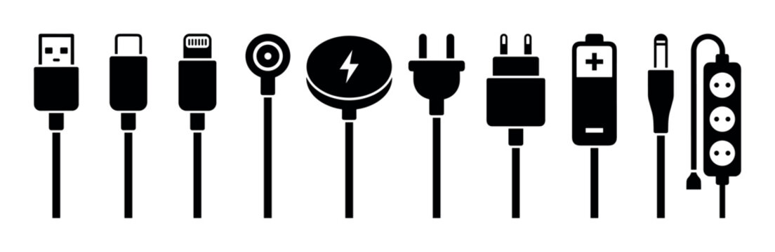 Electronic cables connectors plugs chargers battery icons collection showcases essential power and data connection types for modern devices.