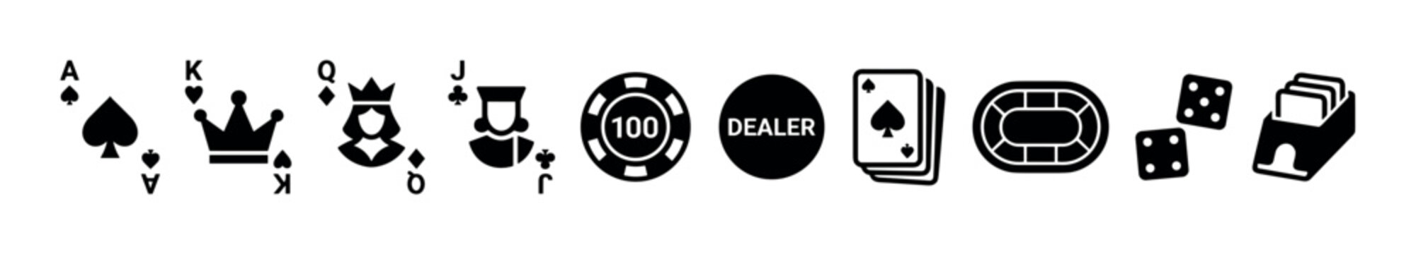 Playing cards, poker chips, dice, and casino game elements are presented as a comprehensive set of black silhouette icons for gambling themes.