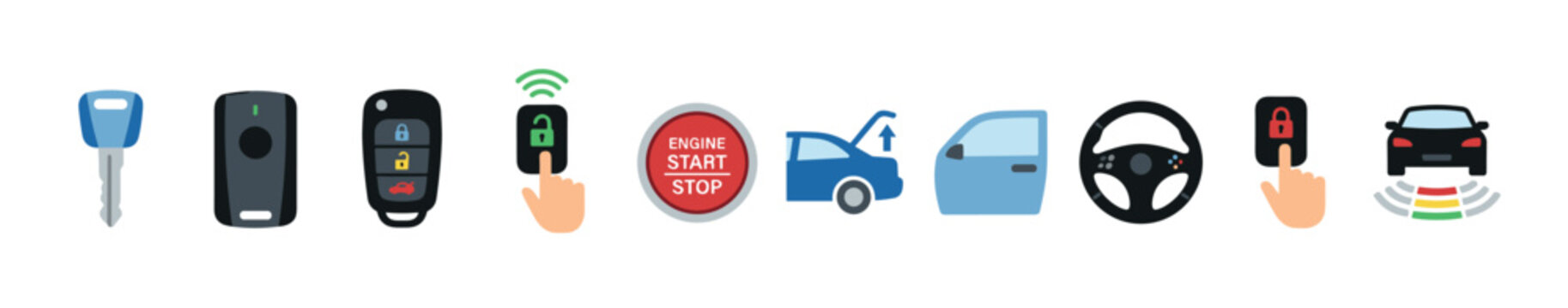 Vehicle control system icons showcasing modern car access, engine start, door opening, and parking assist functionalities in a clear illustration.