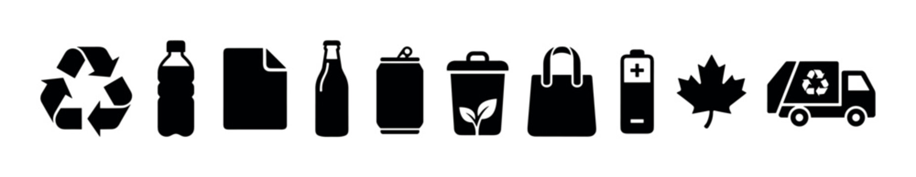 Recycling waste management environmental conservation symbols collection illustrates various sustainable practices for a greener future and responsible consumption.