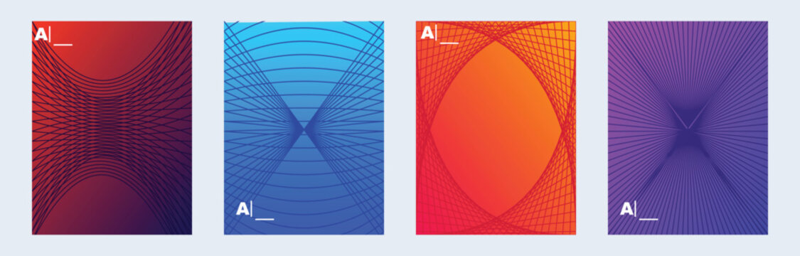 Geometric line art book cover templates layout featuring four vertical abstract layouts with colorful vibrant gradients and line pattern wireframe